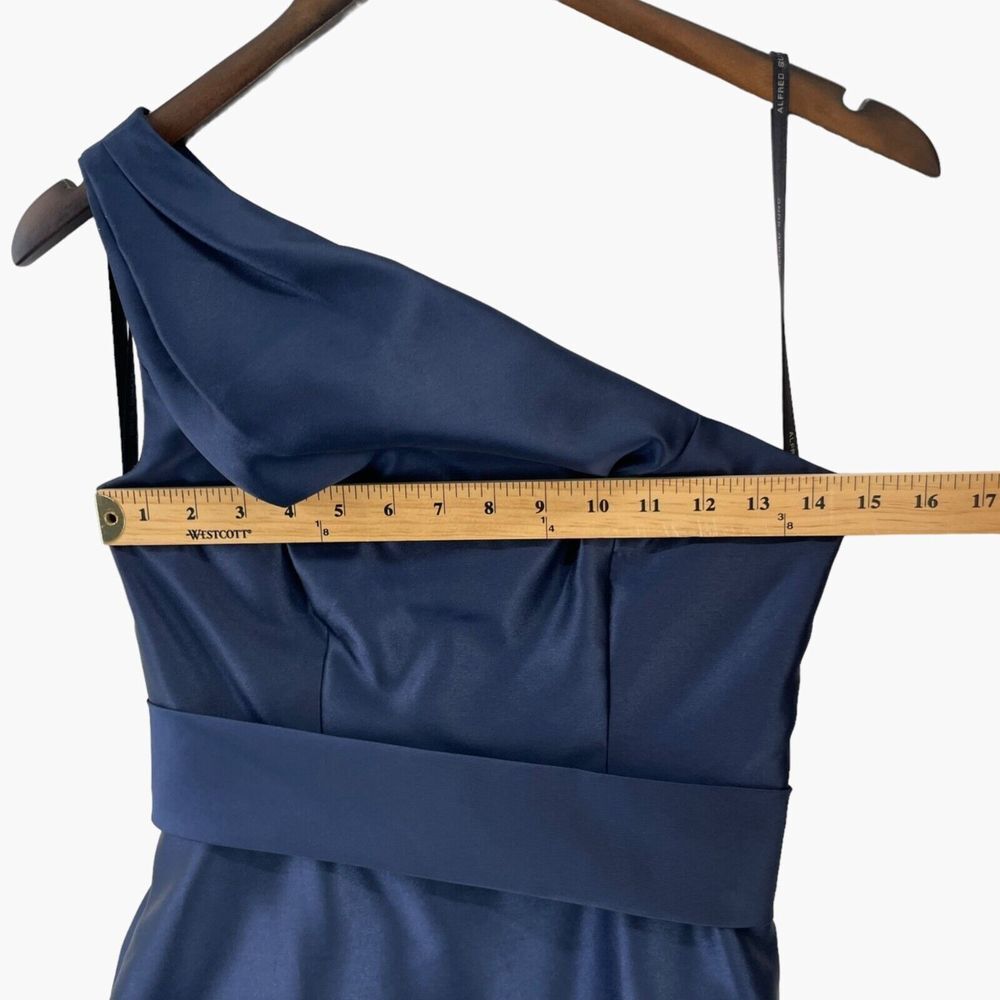 Alfred Sung Draped One Shoulder Satin Maxi Dress in Midnight Navy Blue Sz 2 D815 - Picture 7 of 9